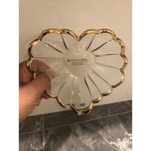 Home‎ Beautiful Heart Shaped Glass Jewelry/ Trinket Dish With Gold Trim Japan